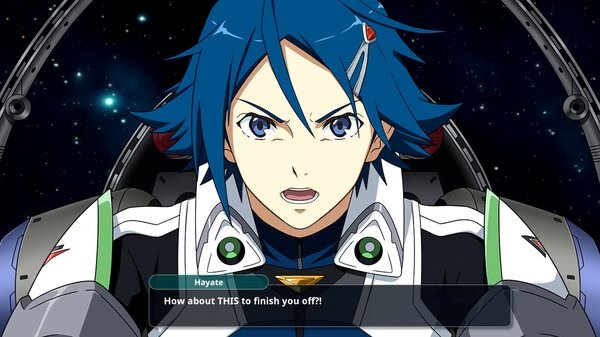 SUPER ROBOT WARS Y screenshot: Character in mech suit cockpit with dialogue text, "How about THIS to finish you off?!"