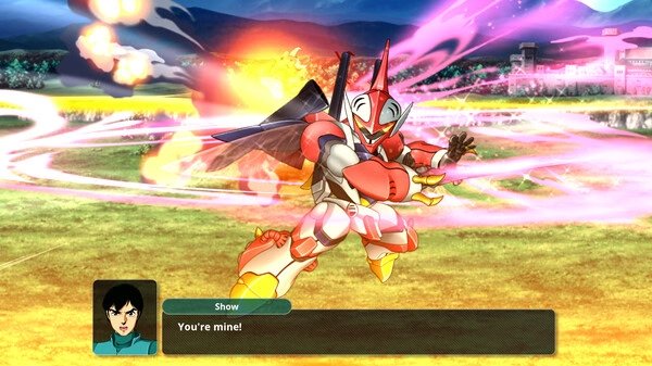 SUPER ROBOT WARS Y screenshot: A red and silver robot unleashes a powerful energy attack in a vibrant landscape.