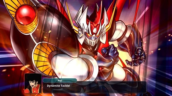 A screenshot from SUPER ROBOT WARS Y showing Koji's mecha performing the Dynamite Tackle attack with vibrant effects.
