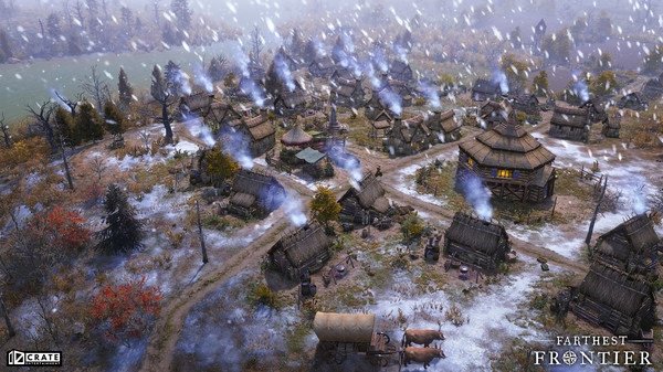 Screenshot of Farthest Frontier showing a snowy village scene with thatched-roof houses, smoke from chimneys, and surrounding trees.