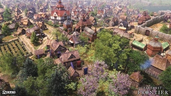 A Farthest Frontier screenshot showing a bustling medieval village with houses, gardens, and a stone wall in a lush green landscape.