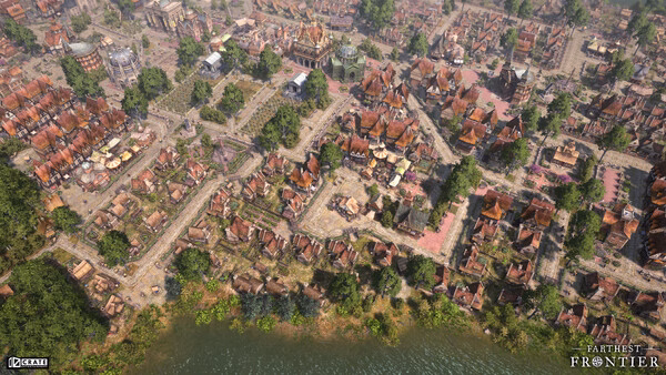 A screenshot from Farthest Frontier showing a vibrant medieval town with detailed buildings, pathways, and lush greenery near a river.