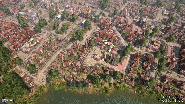 A screenshot from Farthest Frontier showing a vibrant medieval town with detailed buildings, pathways, and lush greenery near a river.