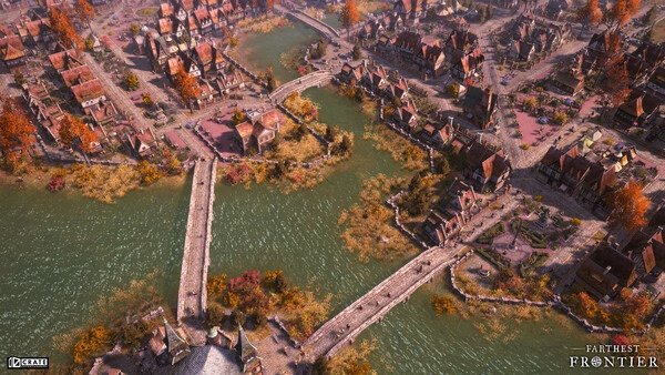 Screenshot from Farthest Frontier showing a detailed town with houses, bridges, and waterways in a lush, colorful landscape.