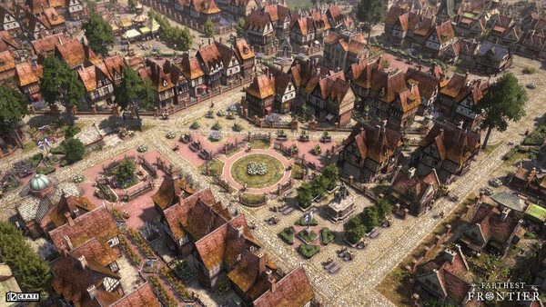 Farthest Frontier screenshot: An aerial view of a bustling medieval town square surrounded by quaint houses and cobblestone streets.