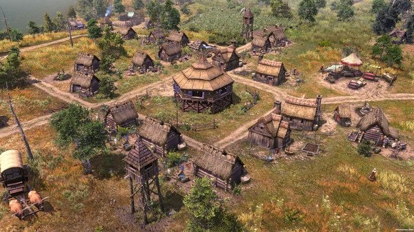 Screenshot of "Farthest Frontier" showing a rustic village with thatched-roof buildings and a central meeting hall.