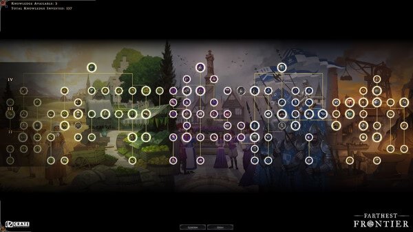 Farthest Frontier screenshot showcasing a detailed tech tree with nodes, backgrounds, and progress indicators.