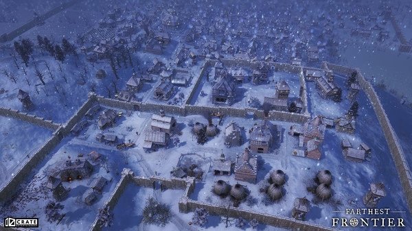Screenshot of Farthest Frontier showing a snowy village scene with houses, walls, and scattered trees under a light snowfall.