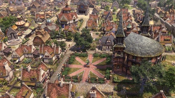 A screenshot from Farthest Frontier showing a vibrant medieval town with detailed houses, a central plaza, and a large church.