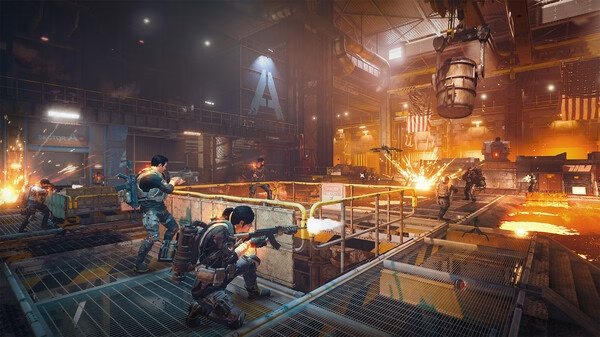 Screenshot from Tom Clancy’s The Division® 2 showing agents in a warehouse engaged in a firefight with explosions and gunfire.