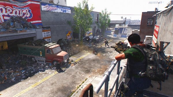 A screenshot from Tom Clancy’s The Division® 2 shows an agent aiming at enemies in a debris-filled urban street.