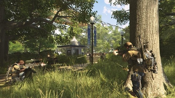 Screenshot from Tom Clancy’s The Division® 2 showing two agents in combat in a park with lush greenery and a gazebo.