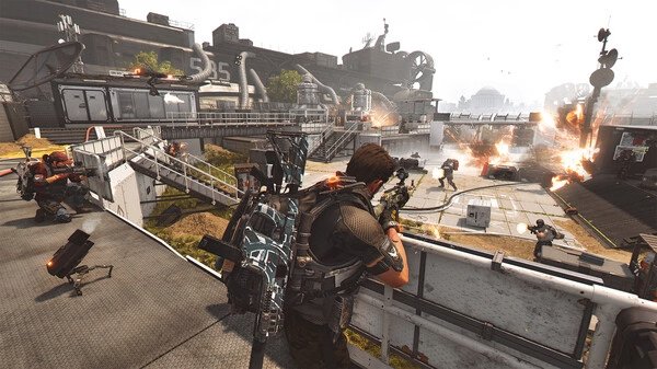 Screenshot from Tom Clancy’s The Division® 2 showing a player character aiming a rifle in an intense urban battle scene.