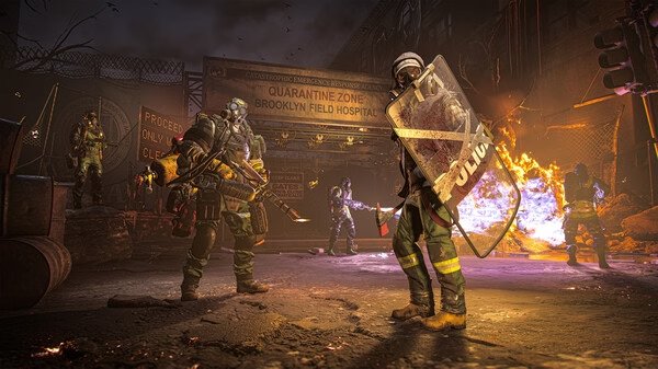 Screenshot from Tom Clancy’s The Division® 2 showing a tense standoff with armed agents in a quarantined urban area at night.