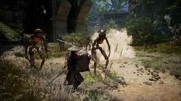Screenshot from Beast of Reincarnation: A warrior battles robotic creatures in a lush forest environment.