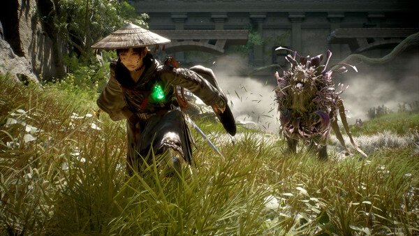 Screenshot from Beast of Reincarnation showing a warrior with a straw hat fleeing from a menacing, plant-like creature in a grassy landscape.