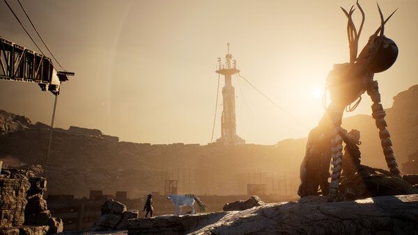 Screenshot from Beast of Reincarnation showing a player and a wolf companion walking towards a distant tower at sunset.