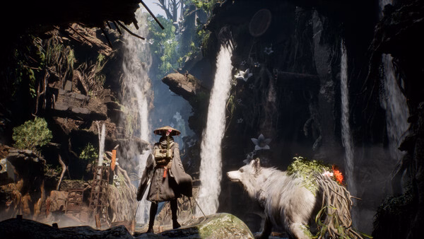Screenshot from Beast of Reincarnation showing a warrior in a hat facing a mystical creature in a lush waterfall cave.
