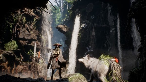 Screenshot from Beast of Reincarnation showing a warrior in a hat facing a mystical creature in a lush waterfall cave.