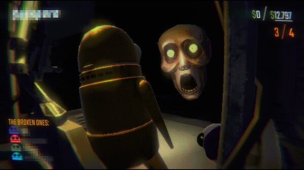 Screenshot from the game R.E.P.O. shows a robot in a dark room, with game stats and a list titled "The Broken Ones" on the screen.