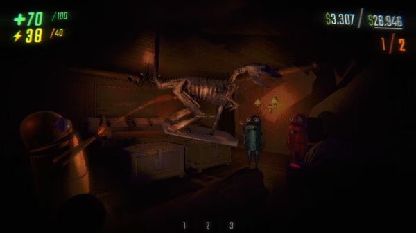 Screenshot from R.E.P.O.: Two robots examine a levitating dinosaur skeleton in a dimly lit room, with scores displayed on screen.