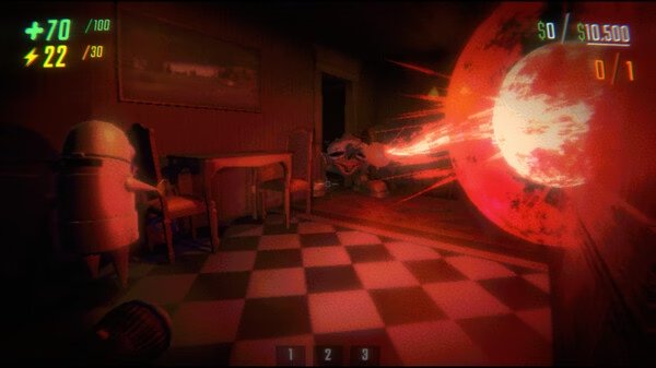 Screenshot of R.E.P.O. game showing a dimly lit room with a red energy blast and game stats visible on the screen.