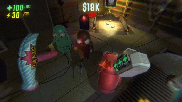 R.E.P.O. screenshot: Three colorful alien characters stand in a dimly lit room with a large, cartoonish hammer nearby.