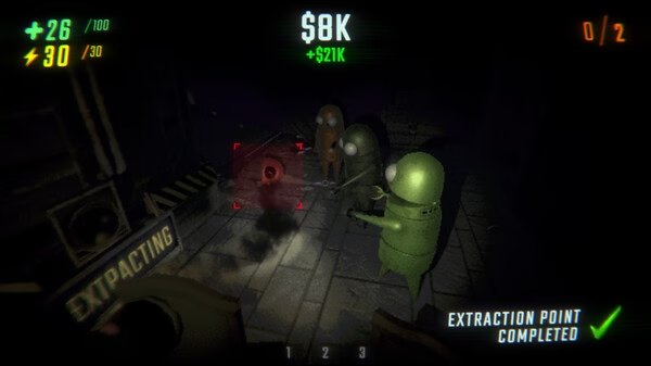 R.E.P.O. screenshot: Green and brown characters aim at a red target in a dark room. Extraction Point Completed text visible.