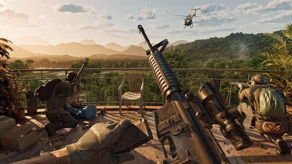 Screenshot from Gray Zone Warfare: Three soldiers on a balcony aiming rifles at a distant helicopter in a lush jungle setting.