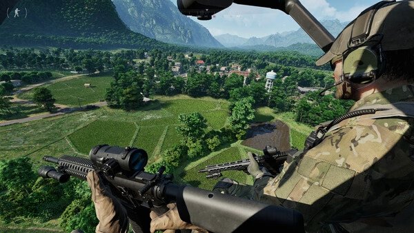 Gray Zone Warfare screenshot: A soldier in a helicopter aims his rifle at a lush landscape with fields, trees, and distant buildings.