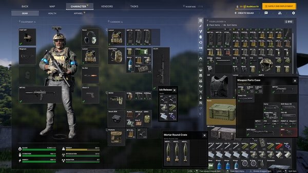 This is a Gray Zone Warfare screenshot showing a player's inventory screen with various weapons, armor, and equipment.
