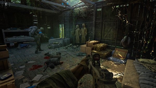 Gray Zone Warfare screenshot: A player aims a rifle inside a dilapidated house, with fallen enemies and supplies scattered around.