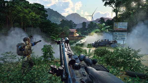 Screenshot from Gray Zone Warfare showing a soldier aiming a rifle in a jungle with a wind turbine and smoke in the background.