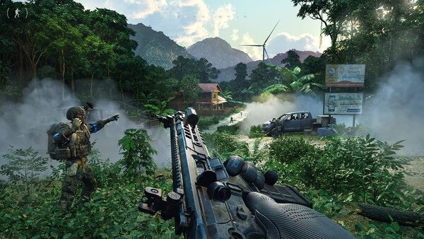 Screenshot from Gray Zone Warfare showing a soldier aiming a rifle in a jungle with a wind turbine and smoke in the background.