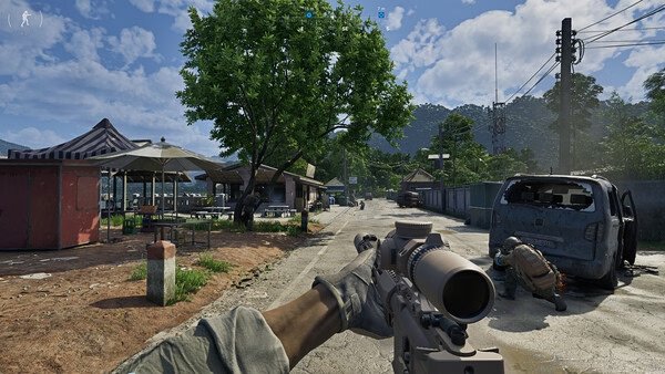 Screenshot from Gray Zone Warfare: A player aims through a sniper rifle scope in a deserted town, with a soldier crouched near a vehicle.