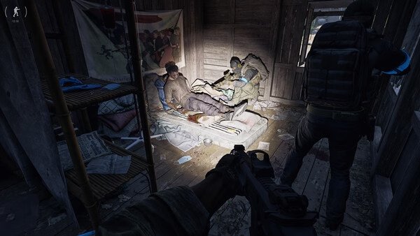 Screenshot of Gray Zone Warfare showing a player aiming at two seated characters in a dimly lit wooden room.