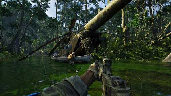 Screenshot from Gray Zone Warfare: A player navigates through a dense jungle, aiming a rifle at a crashed helicopter in shallow water.