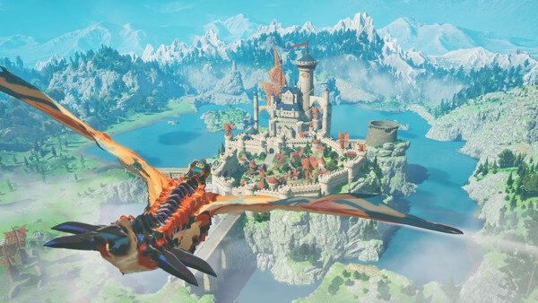 Screenshot from Monster Hunter Stories 3: Twisted Reflection showing a flying dragon approaching a majestic castle in a scenic landscape.