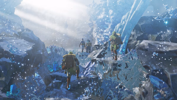 Screenshot from Monster Hunter Stories 3: Twisted Reflection showing hunters trekking through a sparkling, icy cave.