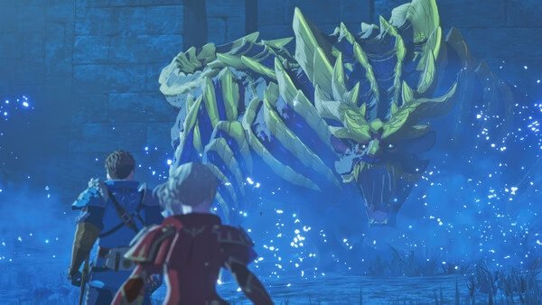Screenshot from Monster Hunter Stories 3: Twisted Reflection showing two characters confronting a large dragon-like creature.