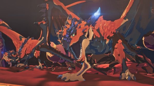 Screenshot from Monster Hunter Stories 3: Twisted Reflection showing a fierce, red dragon-like creature roaring in a dynamic pose.