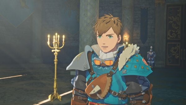 Screenshot from Monster Hunter Stories 3: Twisted Reflection showing a character in armor standing in a dimly lit stone hall.