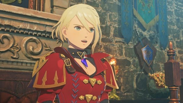 Screenshot from Monster Hunter Stories 3: Twisted Reflection showing a character in red armor standing in a stone-walled room.