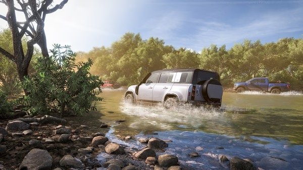Forza Horizon 5 screenshot showing off-road vehicles crossing a shallow river surrounded by lush trees and rocky terrain.