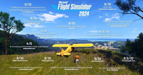 A screenshot from Microsoft Flight Simulator 2024 shows a yellow plane flying low over a vibrant field with scenic mountains in the background.