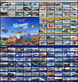 Screenshot from Microsoft Flight Simulator 2024 showcasing a vibrant collage of various aircraft and diverse landscapes.