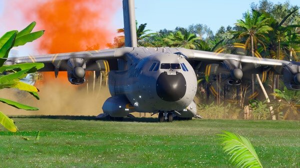 Screenshot from Microsoft Flight Simulator 2024 showing a large military aircraft on a grassy field with palm trees and orange smoke.