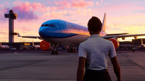 Screenshot from Microsoft Flight Simulator 2024 showing a pilot standing in front of a large passenger airplane at sunset.