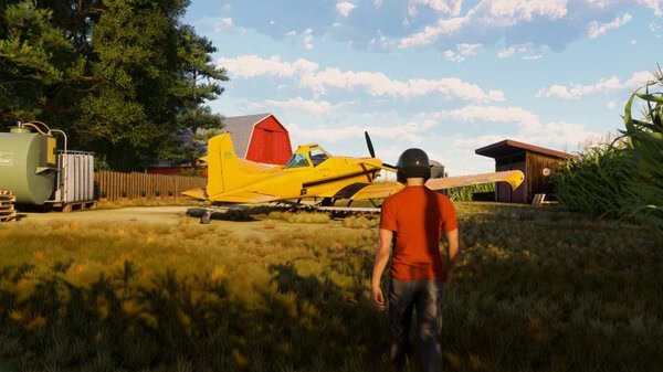 A screenshot from Microsoft Flight Simulator 2024 showing a person approaching a yellow crop duster in a rural farm setting.