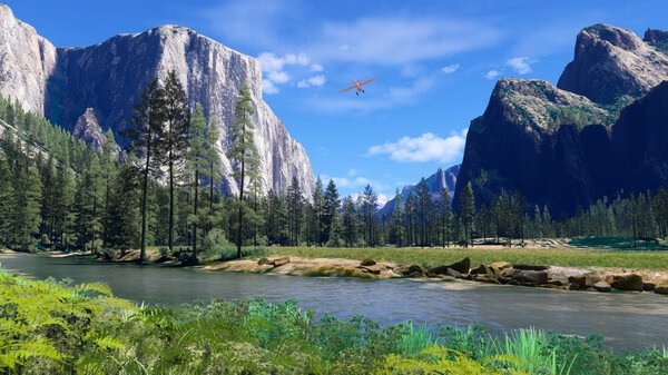Screenshot from Microsoft Flight Simulator 2024 showing a small plane flying over a lush valley with mountains and a river.